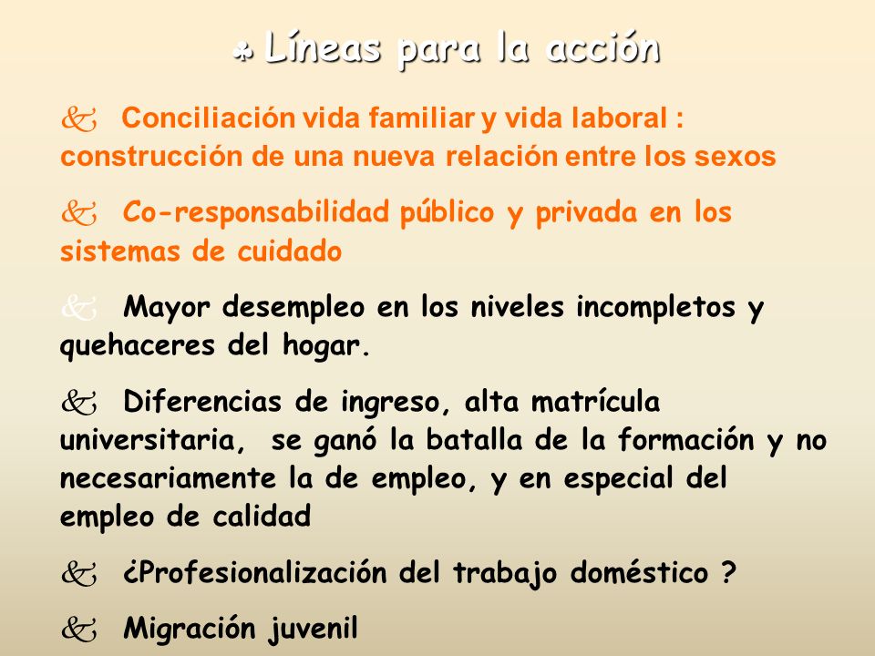  Líneas para la acción Conciliación vida familiar y vida laboral : construcción de una nueva relación entre los sexos.