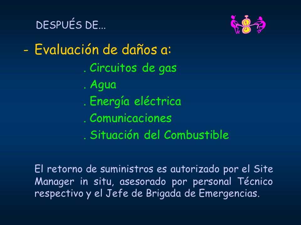 Evaluación de daños a: . Circuitos de gas . Agua . Energía eléctrica