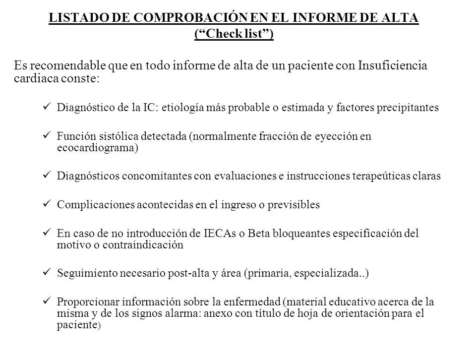 LISTADO DE COMPROBACIÓN EN EL INFORME DE ALTA