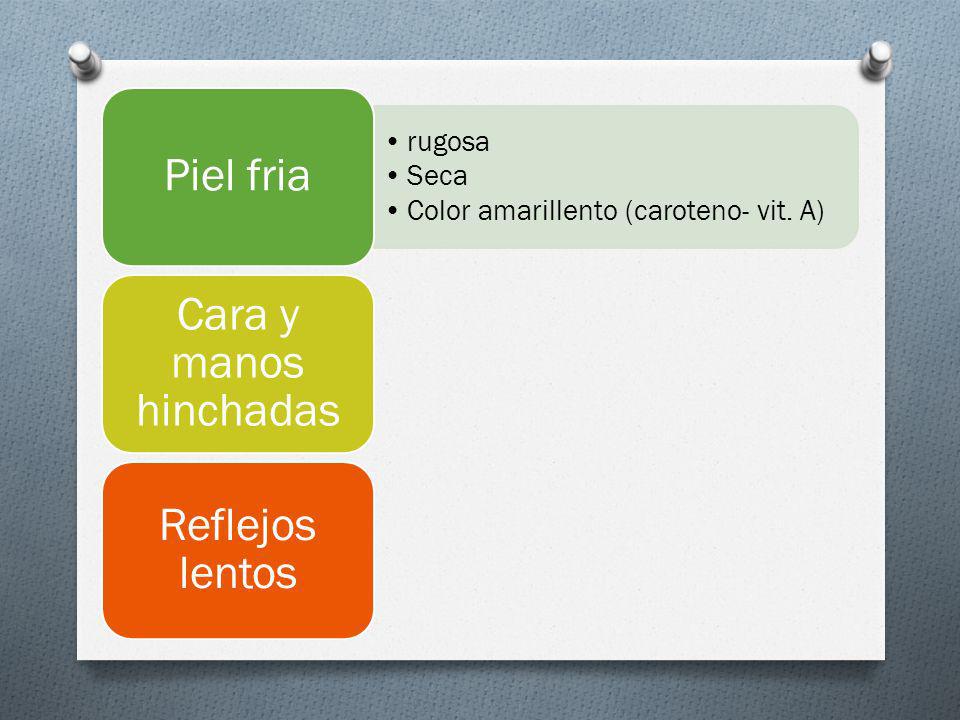 Piel fria Cara y manos hinchadas Reflejos lentos rugosa Seca