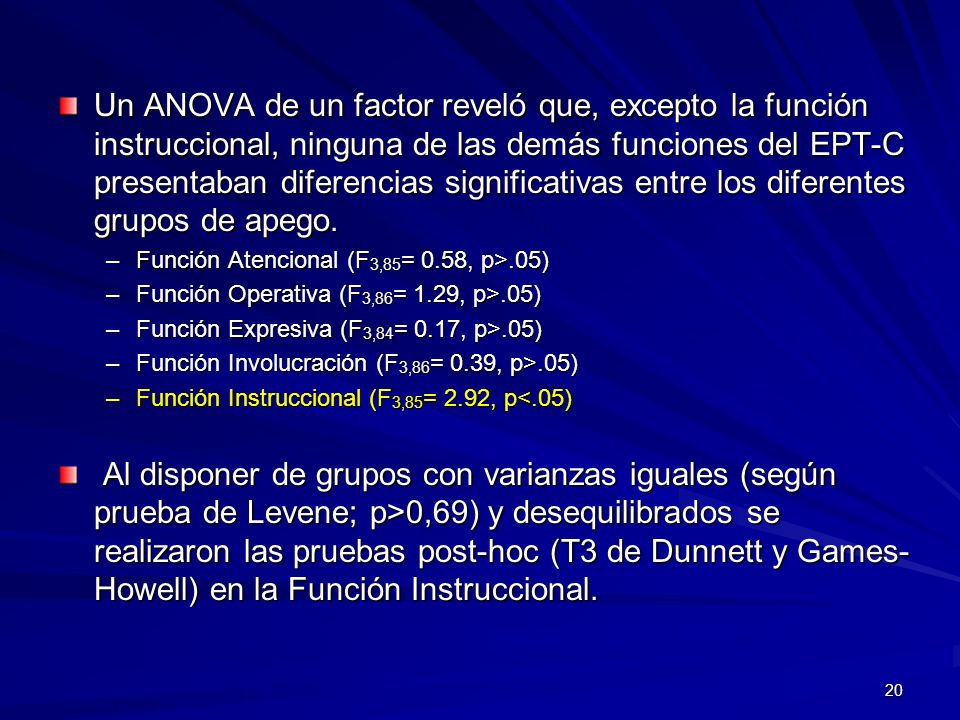Un ANOVA de un factor reveló que, excepto la función instruccional, ninguna de las demás funciones del EPT-C presentaban diferencias significativas entre los diferentes grupos de apego.
