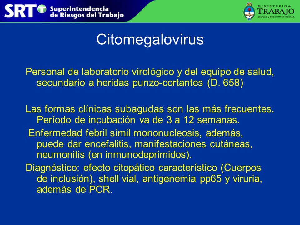 Citomegalovirus Personal de laboratorio virológico y del equipo de salud, secundario a heridas punzo-cortantes (D. 658)