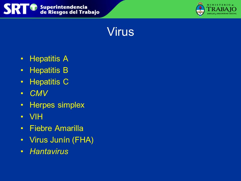 Virus Hepatitis A Hepatitis B Hepatitis C CMV Herpes simplex VIH