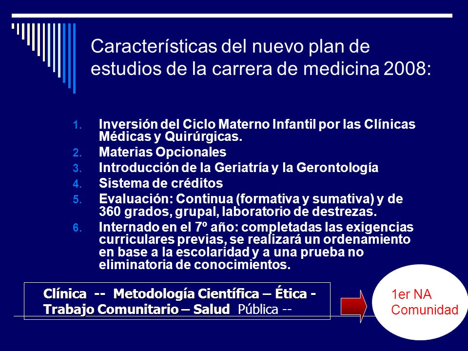 Características del nuevo plan de estudios de la carrera de medicina 2008: