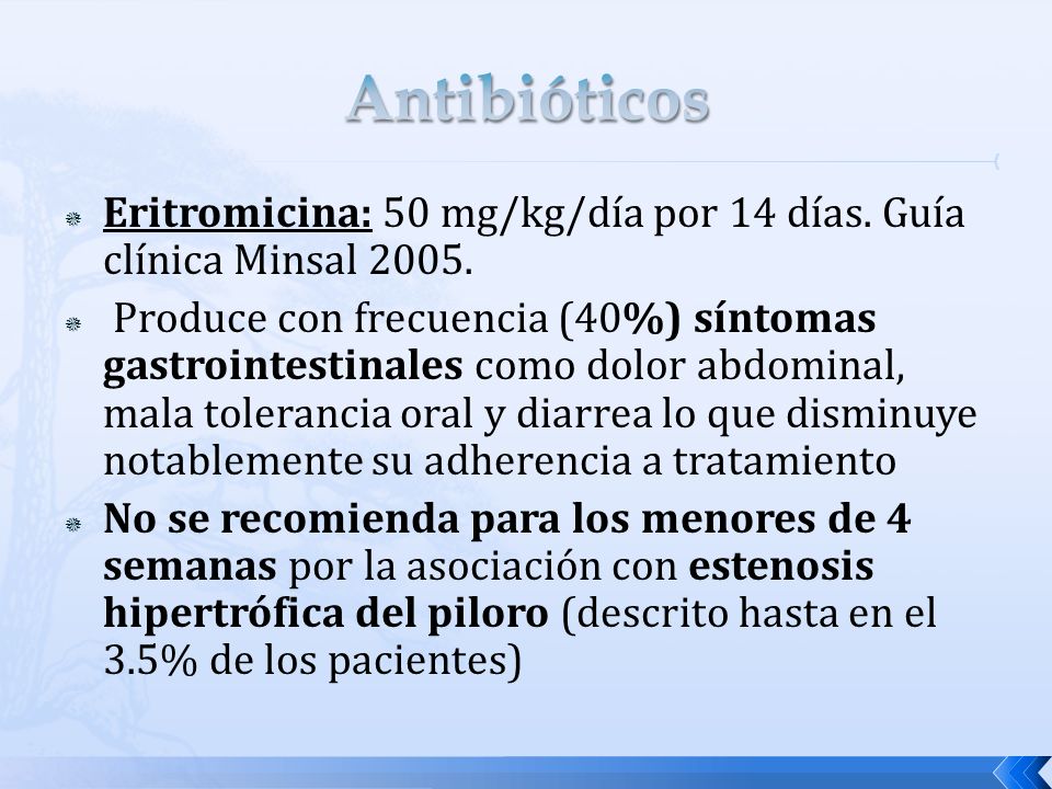 Antibióticos Eritromicina: 50 mg/kg/día por 14 días. Guía clínica Minsal