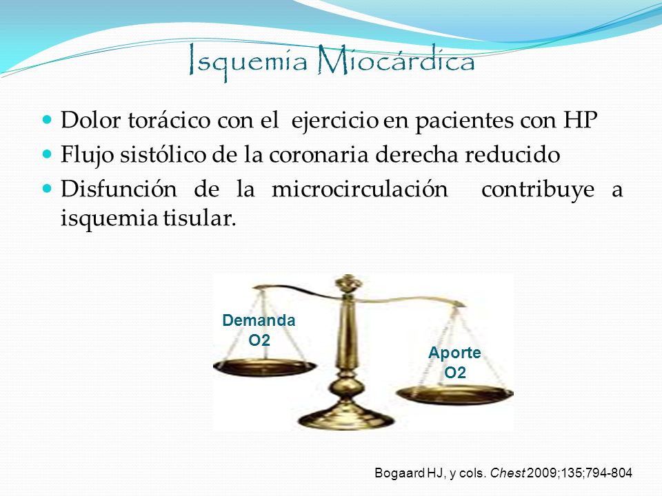 Isquemia Miocárdica Dolor torácico con el ejercicio en pacientes con HP. Flujo sistólico de la coronaria derecha reducido.