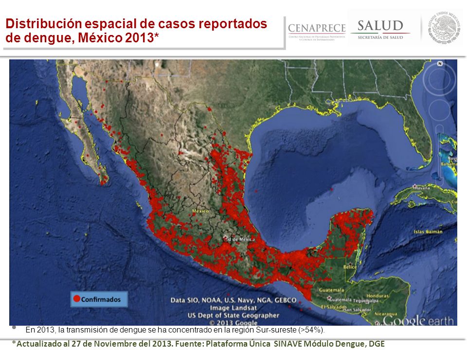 Distribución espacial de casos reportados de dengue, México 2013*