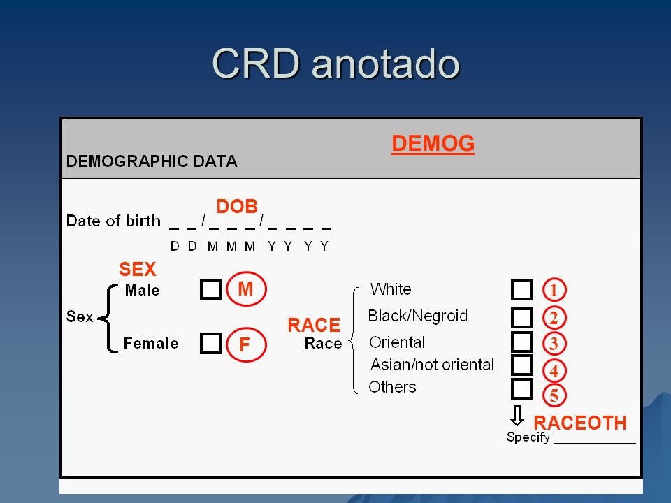 CRD anotado DEMOG DOB SEX M 1 2 RACE F RACEOTH