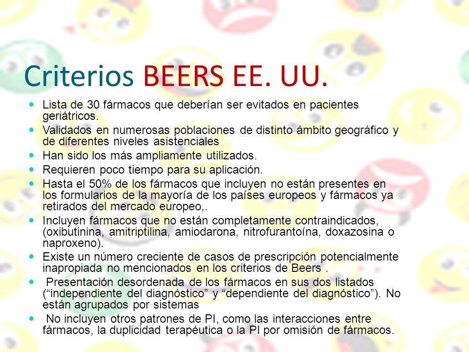 Criterios BEERS EE. UU. Lista de 30 fármacos que deberían ser evitados en pacientes geriátricos.