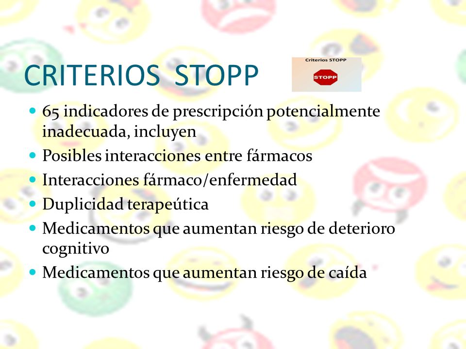 CRITERIOS STOPP 65 indicadores de prescripción potencialmente inadecuada, incluyen. Posibles interacciones entre fármacos.