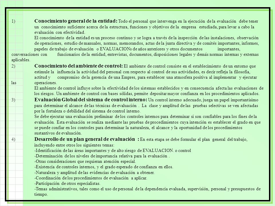 1) Conocimiento general de la entidad: Todo el personal que intervenga en la ejecución de la evaluación debe tener un conocimiento suficiente acerca de la estructura, funciones y objetivos de la empresa estudiada, para levar a cabo la evaluación con efectividad.