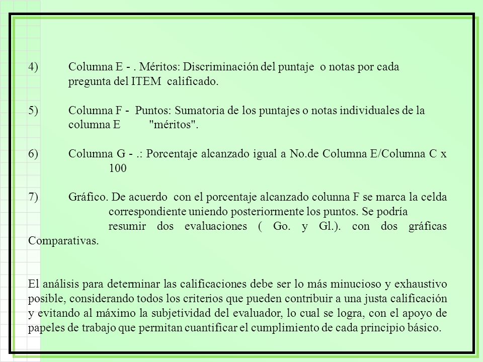 4). Columna E -. Méritos: Discriminación del puntaje o notas por cada