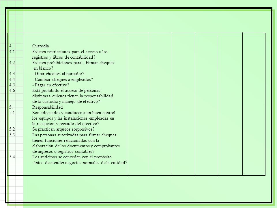 4. Custodia 4.1 Existen restricciones para el acceso a los. registros y libros de contabilidad 4.2 Existen prohibiciones para:- Firmar cheques.