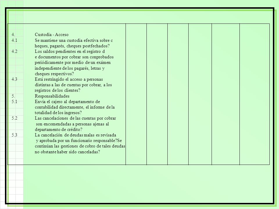 4. Custodia - Acceso 4.1 Se mantiene una custodia efectiva sobre c. heques, pagarés, cheques postfechados