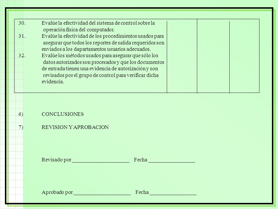 30. Evalúe la efectividad del sistema de control sobre la