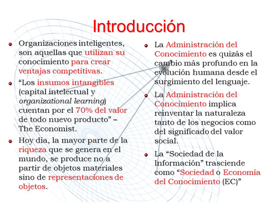 Introducción Organizaciones inteligentes, son aquellas que utilizan su conocimiento para crear ventajas competitivas.