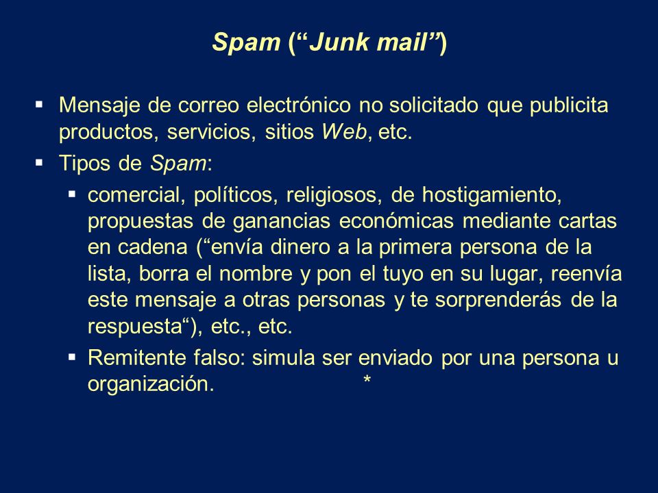 Spam ( Junk mail ) Mensaje de correo electrónico no solicitado que publicita productos, servicios, sitios Web, etc.