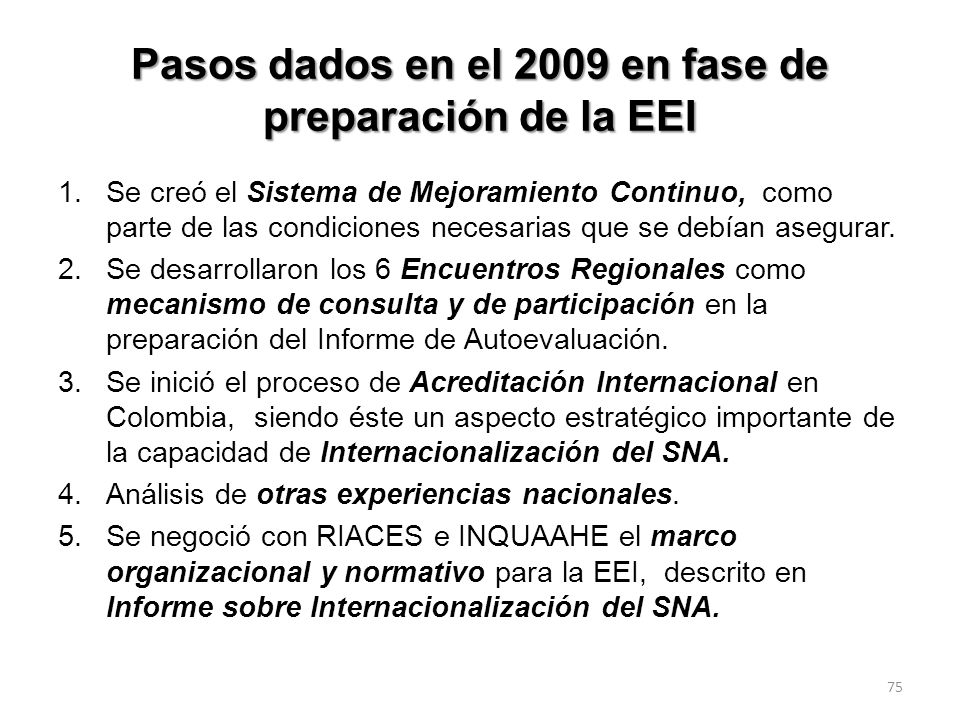 Pasos dados en el 2009 en fase de preparación de la EEI