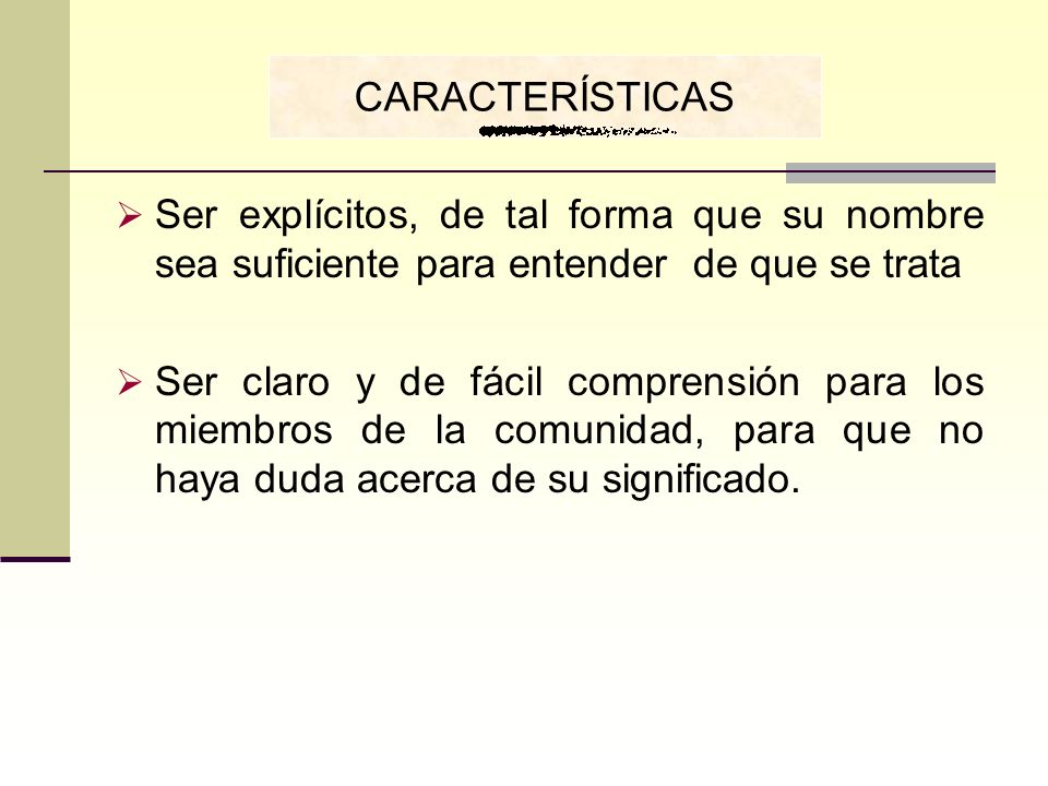 CARACTERÍSTICAS Ser explícitos, de tal forma que su nombre sea suficiente para entender de que se trata.