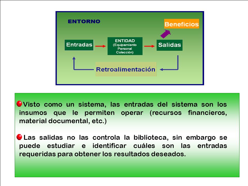 Visto como un sistema, las entradas del sistema son los insumos que le permiten operar (recursos financieros, material documental, etc.)