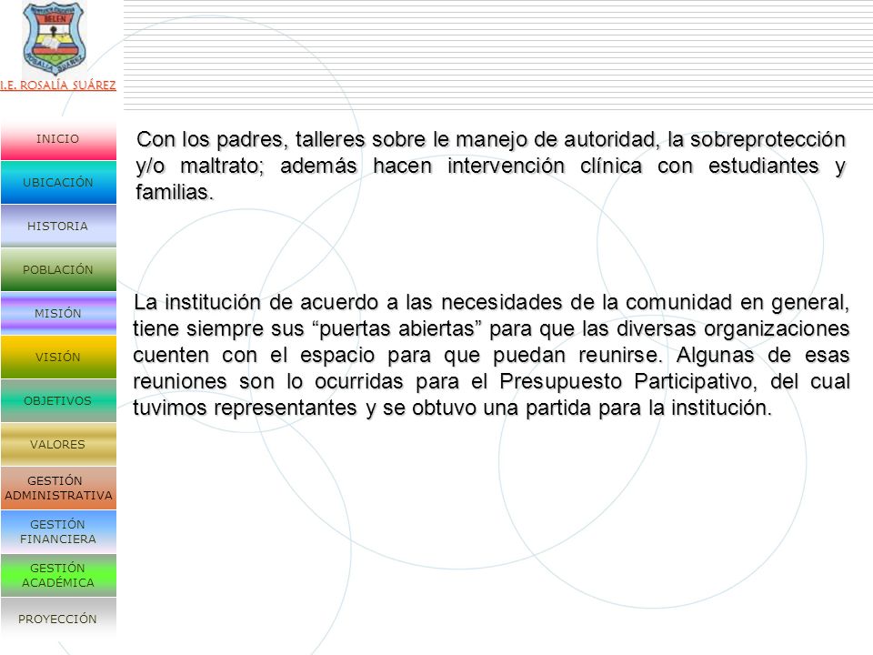Con los padres, talleres sobre le manejo de autoridad, la sobreprotección y/o maltrato; además hacen intervención clínica con estudiantes y familias.
