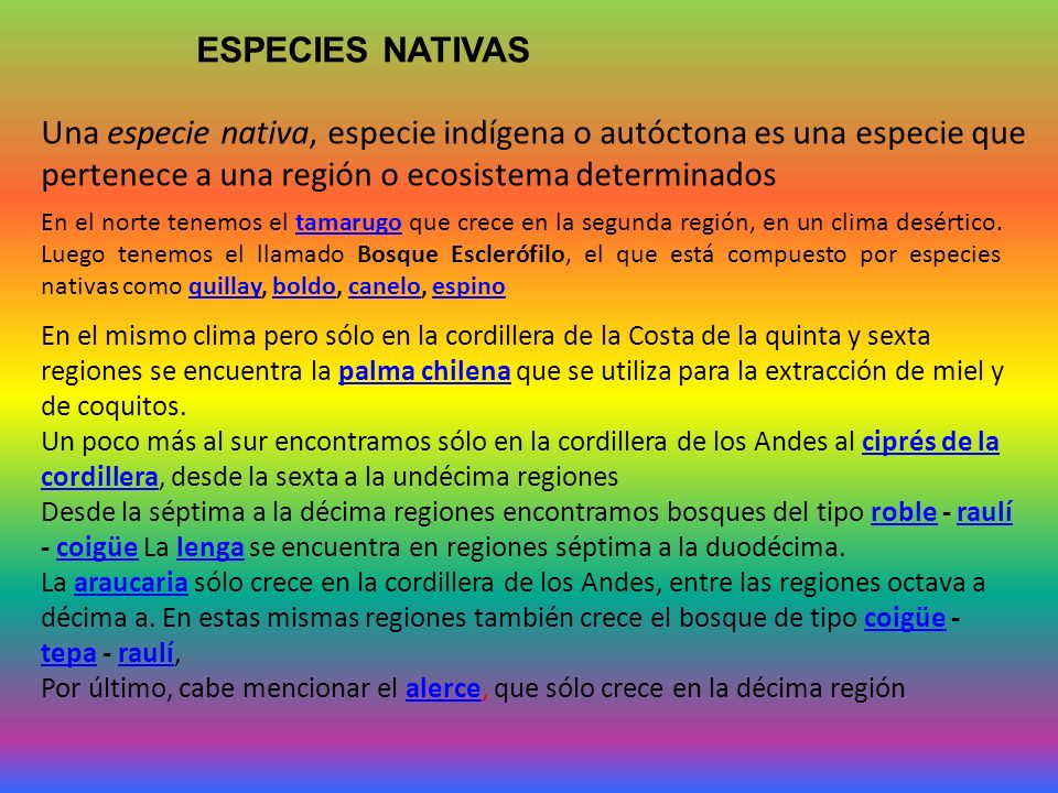 ESPECIES NATIVAS Una especie nativa, especie indígena o autóctona es una especie que pertenece a una región o ecosistema determinados.
