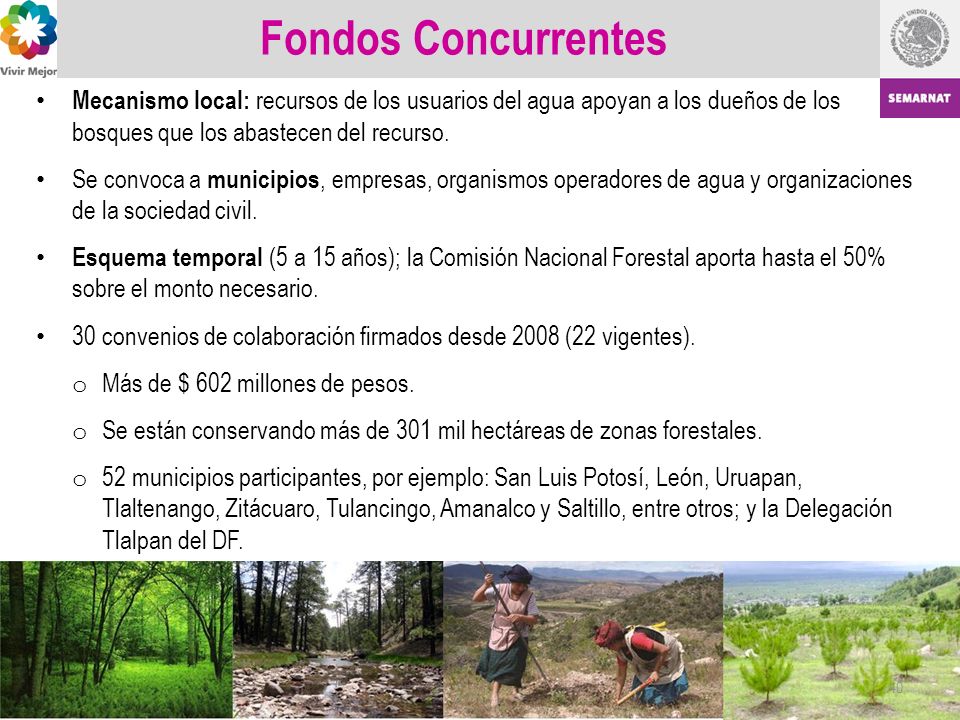 Fondos Concurrentes Mecanismo local: recursos de los usuarios del agua apoyan a los dueños de los bosques que los abastecen del recurso.