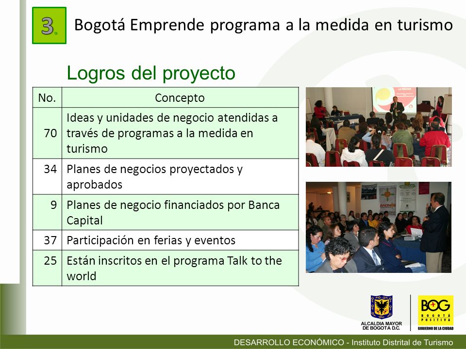 3. Logros del proyecto Bogotá Emprende programa a la medida en turismo