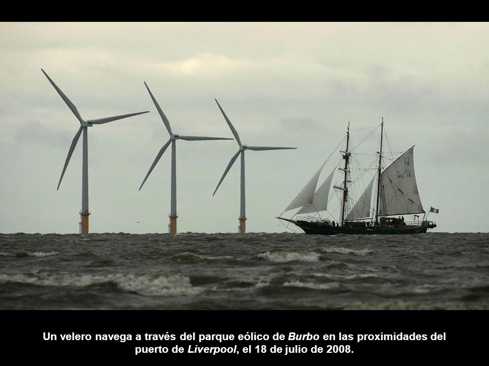 Un velero navega a través del parque eólico de Burbo en las proximidades del puerto de Liverpool, el 18 de julio de 2008.