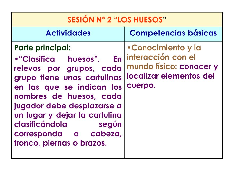 SESIÓN Nº 2 LOS HUESOS Actividades. Competencias básicas. Parte principal: