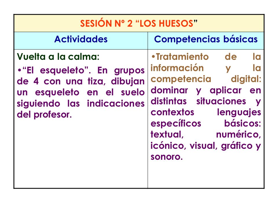 SESIÓN Nº 2 LOS HUESOS Actividades. Competencias básicas. Vuelta a la calma: