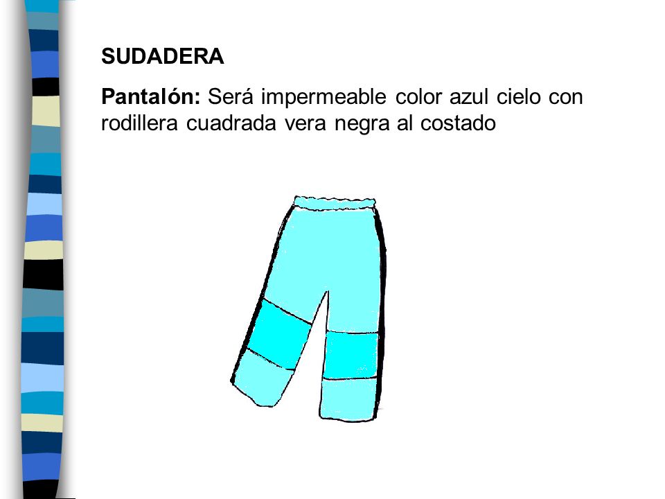 SUDADERA Pantalón: Será impermeable color azul cielo con rodillera cuadrada vera negra al costado