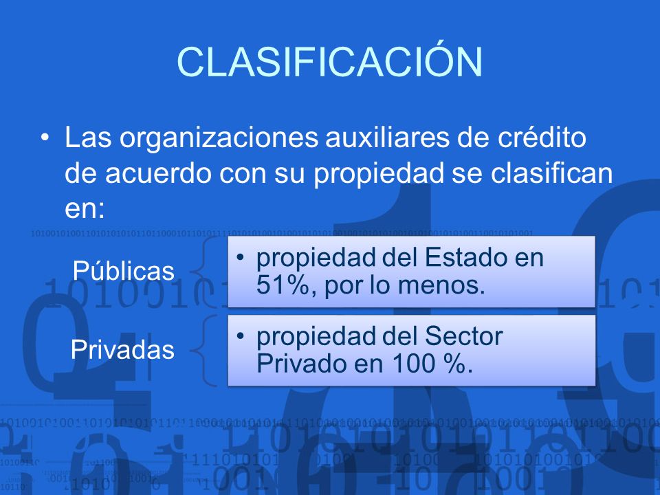 CLASIFICACIÓN Las organizaciones auxiliares de crédito de acuerdo con su propiedad se clasifican en: