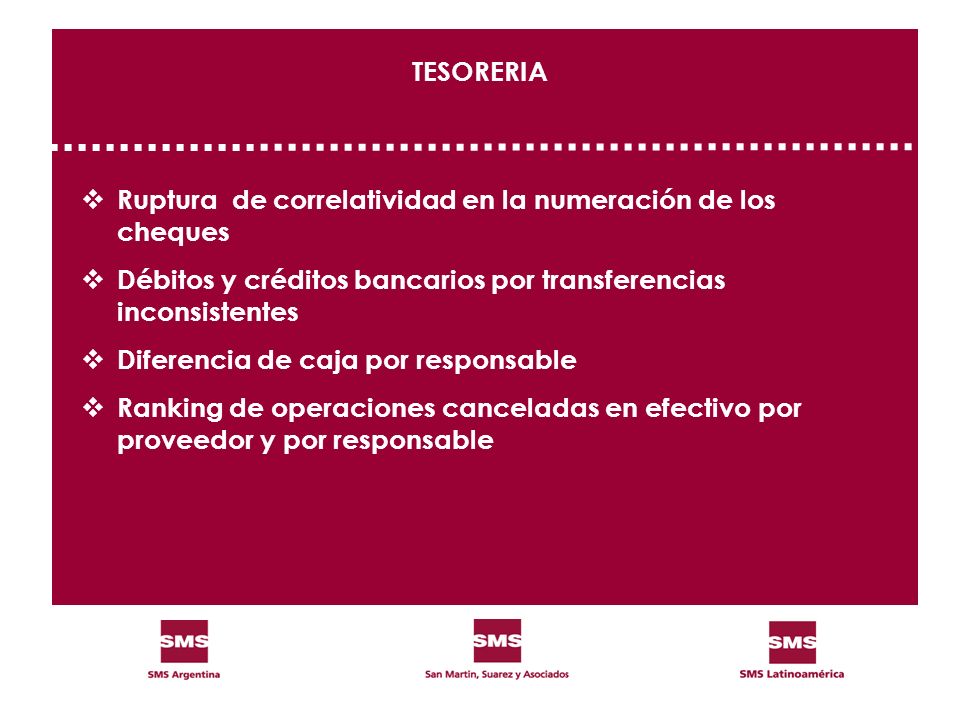 TESORERIA Ruptura de correlatividad en la numeración de los cheques. Débitos y créditos bancarios por transferencias inconsistentes.