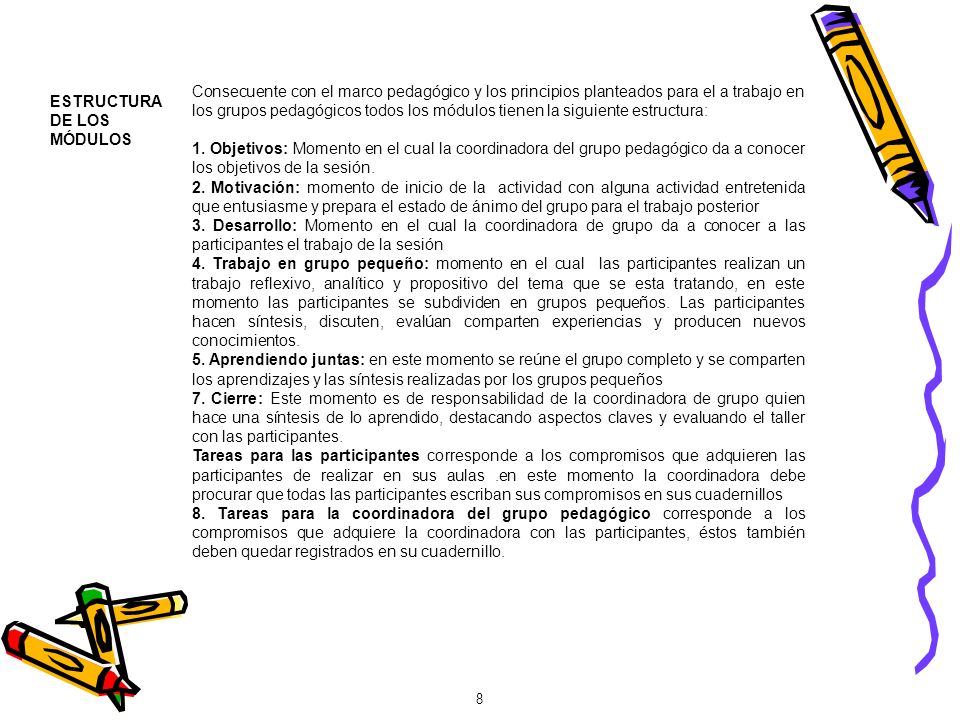 Consecuente con el marco pedagógico y los principios planteados para el a trabajo en los grupos pedagógicos todos los módulos tienen la siguiente estructura: