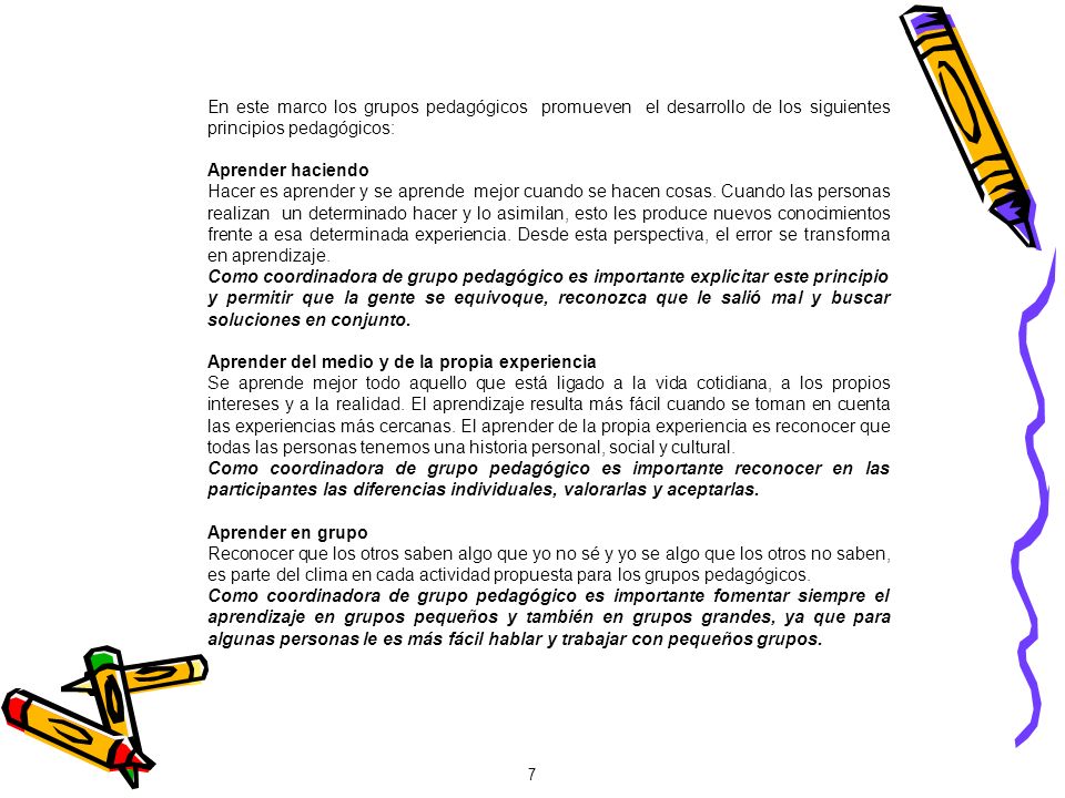 En este marco los grupos pedagógicos promueven el desarrollo de los siguientes principios pedagógicos: