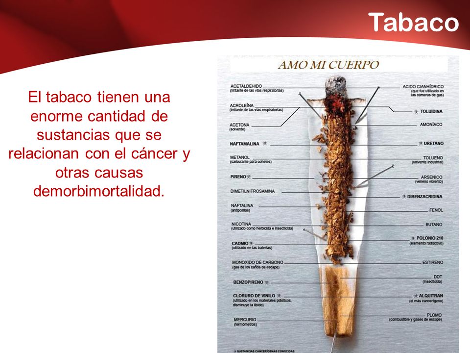 Tabaco El tabaco tienen una enorme cantidad de sustancias que se relacionan con el cáncer y otras causas demorbimortalidad.