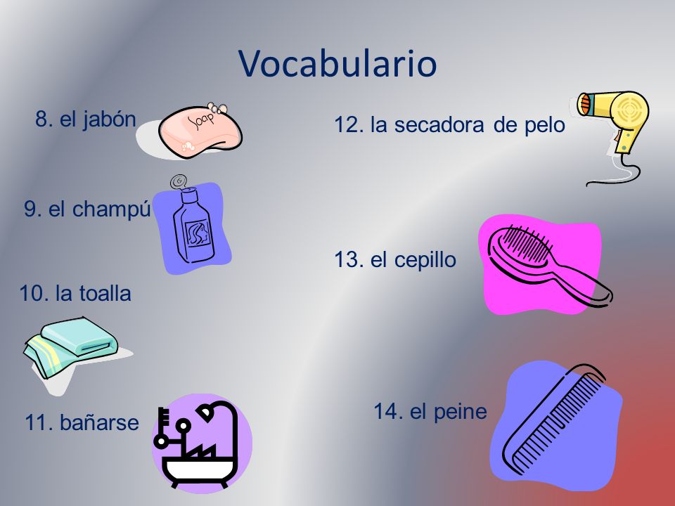 Vocabulario 8. el jabón 12. la secadora de pelo 9. el champú