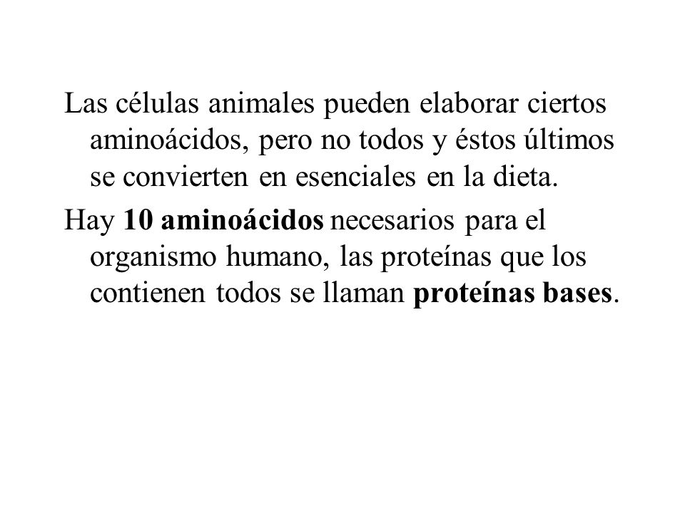 Las células animales pueden elaborar ciertos aminoácidos, pero no todos y éstos últimos se convierten en esenciales en la dieta.