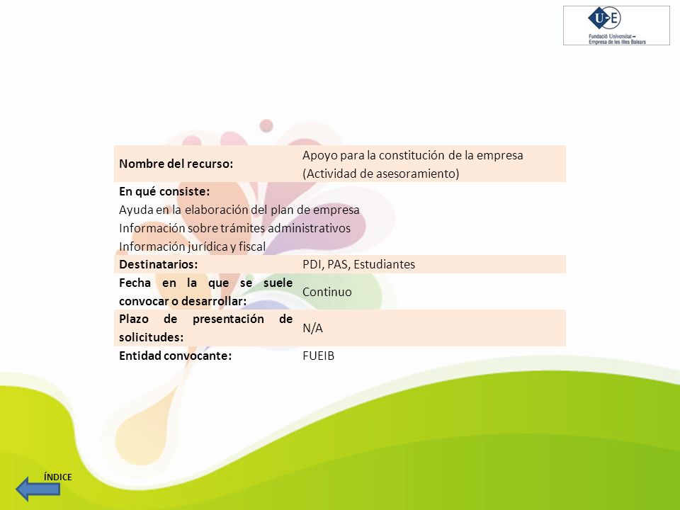 Apoyo para la constitución de la empresa (Actividad de asesoramiento)