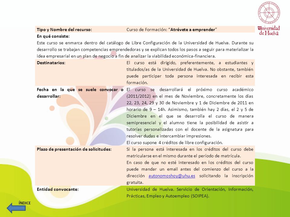 Tipo y Nombre del recurso: Curso de Formación: Atrévete a emprender