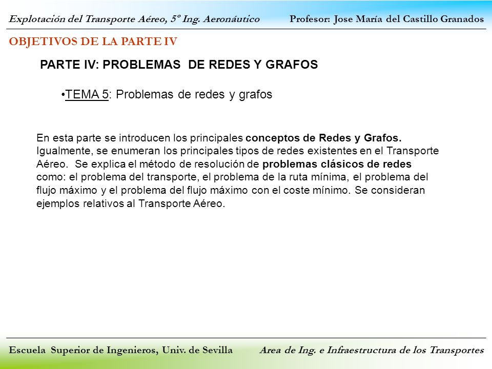 OBJETIVOS DE LA PARTE IV PARTE IV: PROBLEMAS DE REDES Y GRAFOS