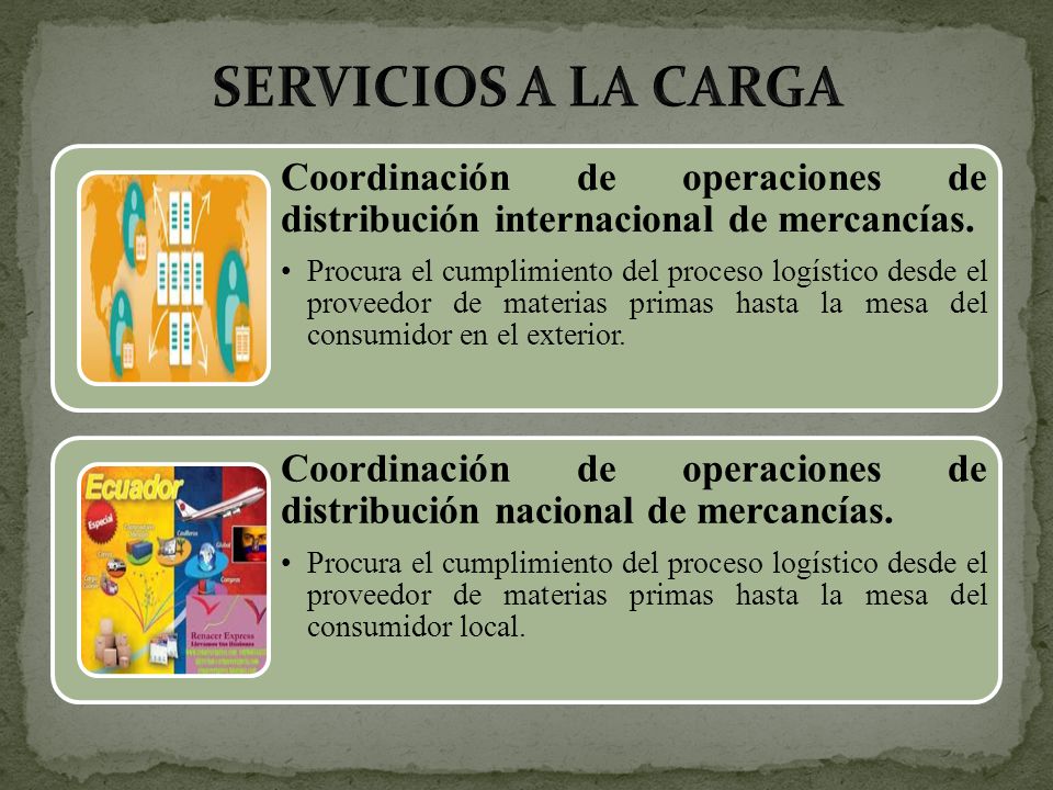 SERVICIOS A LA CARGA Coordinación de operaciones de distribución internacional de mercancías.