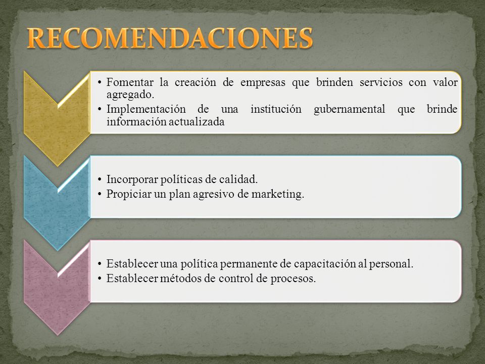 RECOMENDACIONES Fomentar la creación de empresas que brinden servicios con valor agregado.