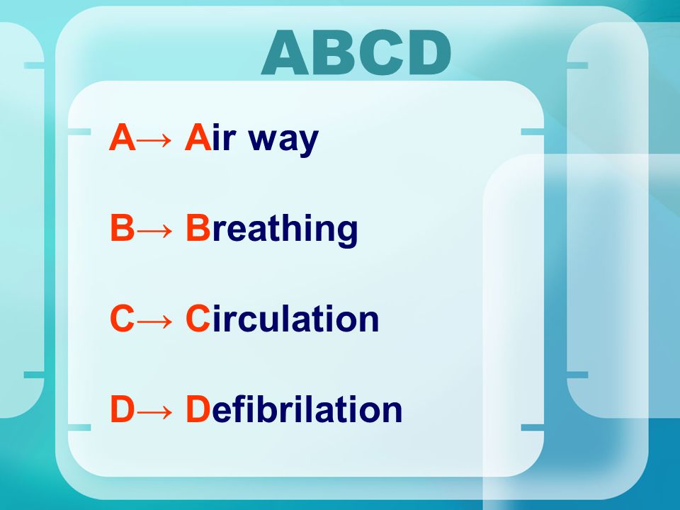 ABCD A→ Air way B→ Breathing C→ Circulation D→ Defibrilation