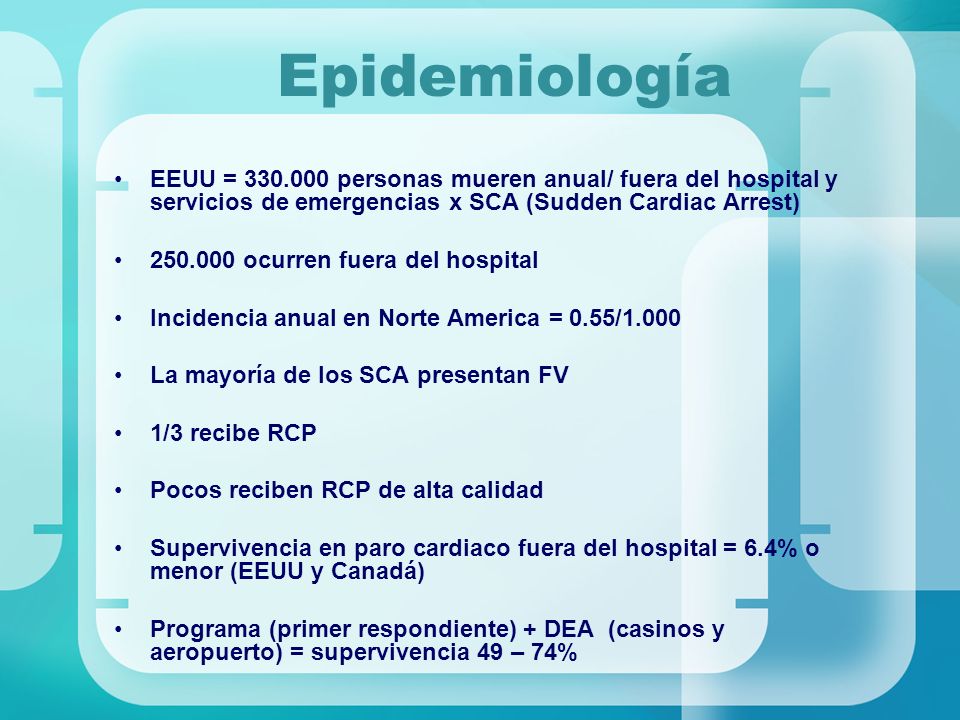 Epidemiología EEUU = personas mueren anual/ fuera del hospital y servicios de emergencias x SCA (Sudden Cardiac Arrest)