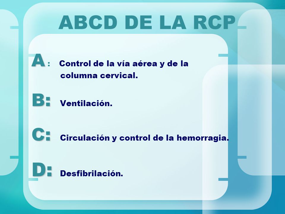ABCD DE LA RCP D: Desfibrilación. A : Control de la vía aérea y de la