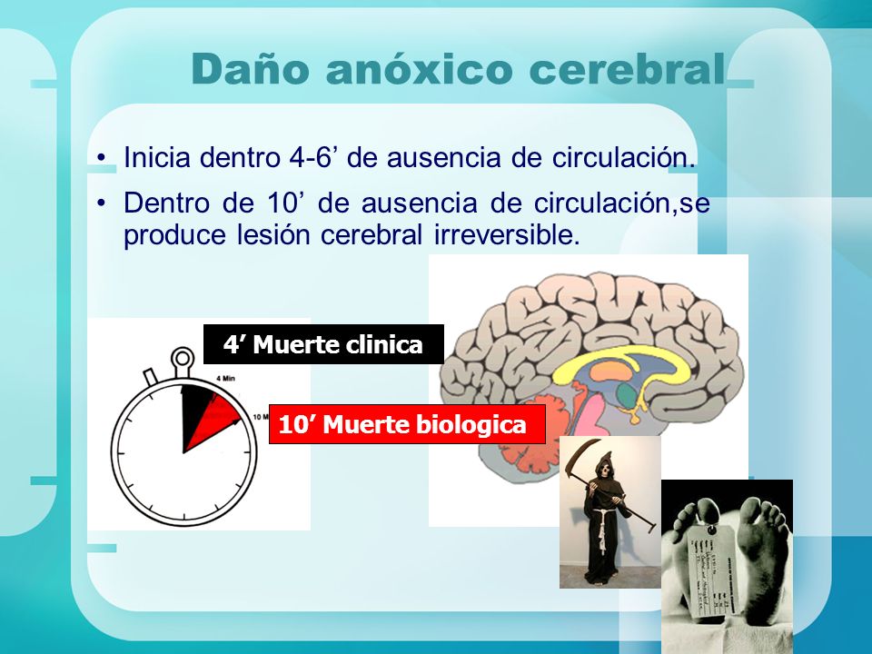Daño anóxico cerebral Inicia dentro 4-6’ de ausencia de circulación.
