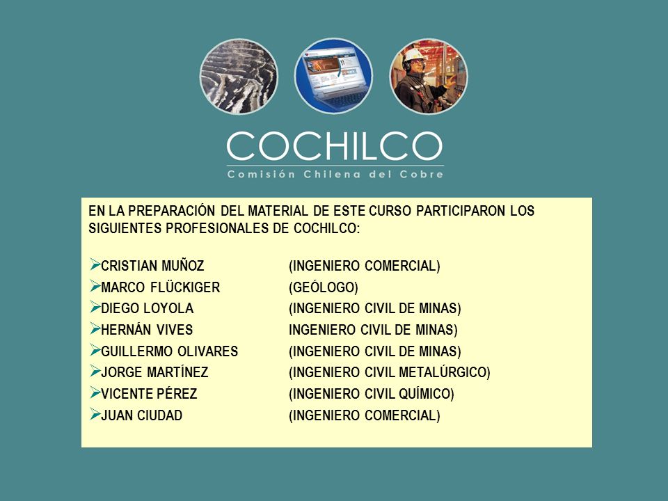 EN LA PREPARACIÓN DEL MATERIAL DE ESTE CURSO PARTICIPARON LOS SIGUIENTES PROFESIONALES DE COCHILCO: