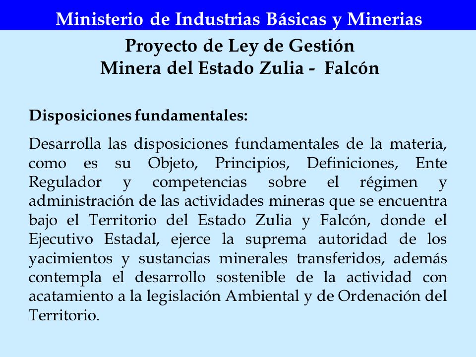 Ministerio de Industrias Básicas y Minerias Proyecto de Ley de Gestión
